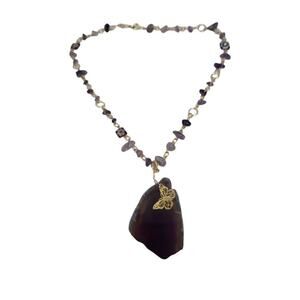 18k Gold Plated Agate Slice Bead Amethyst Chip Butterfly Millefiori Necklace